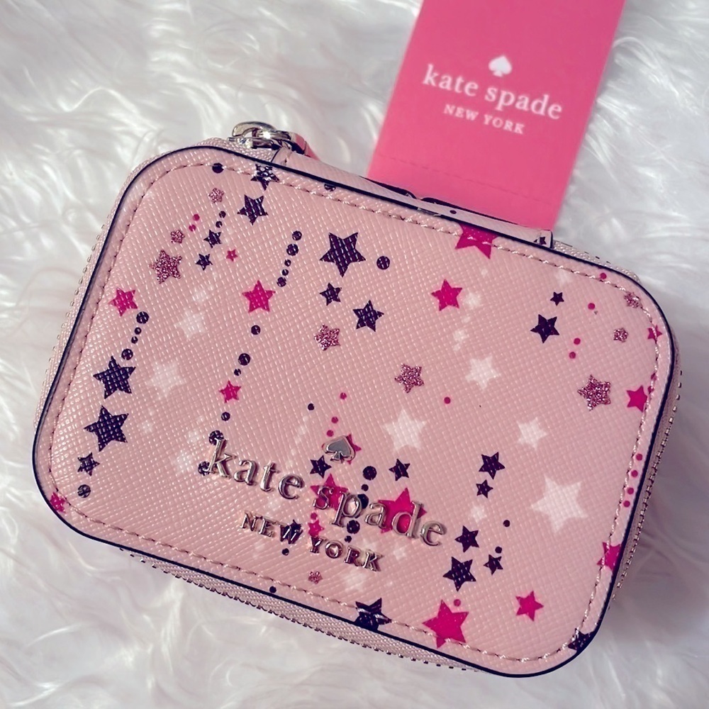Brand New Kate Spade Genuine Leather Pink Stars Zippered Travel Jewelry Box